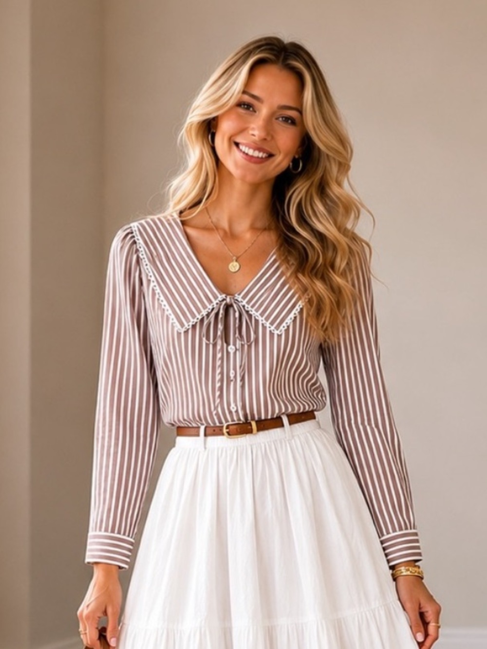 Modern Works Beige and White Striped Tie-Front Sailor Collar Blouse